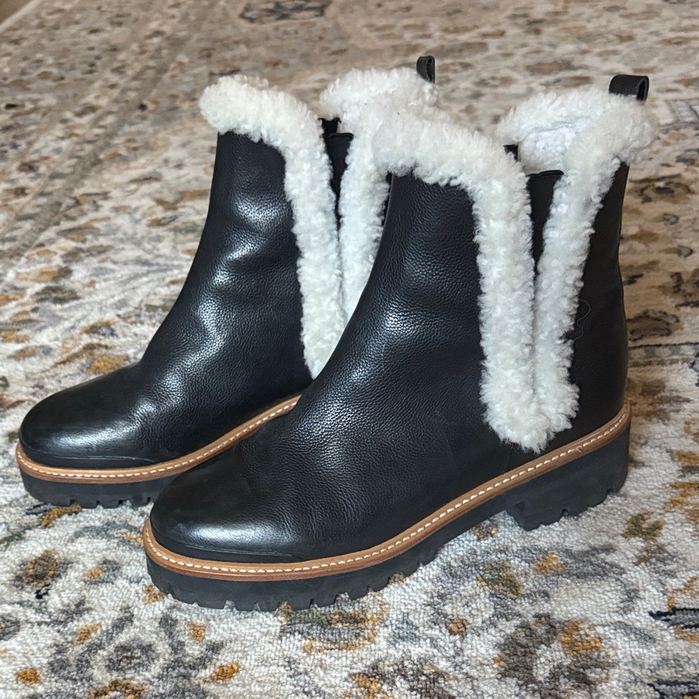 Marc Fisher Black Leather Boots with White Shearling - Picture 3 of 5